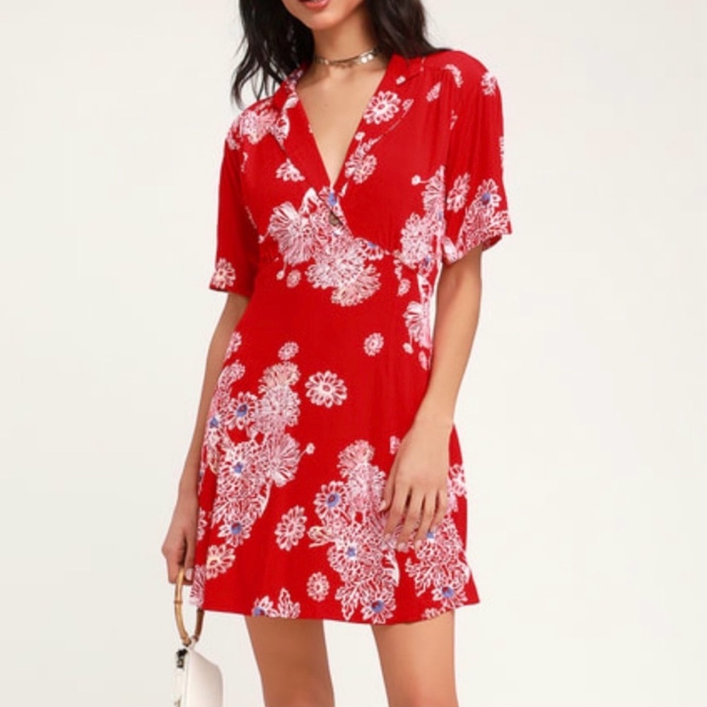 Free People Red Floral V-Neck Mini Dress